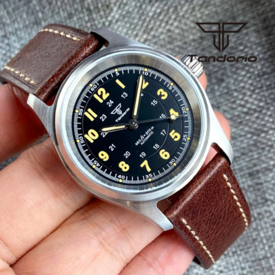 Tandorio 36 mm Mechanische Aviator Uhr Seiko NH35 Lederarmband Schwarz