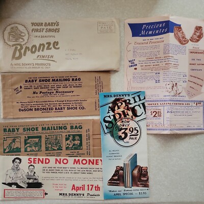 YOUR BABYS FIRST SHOES BRONZE FINISH ADVERTISMENT MAILER LOT MRS DENNYS