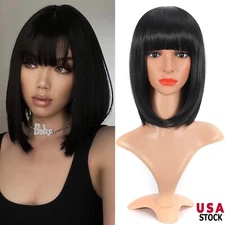 Women's Full Bangs Black short Straight Wigs Bob Natural Hair Full Wigs 15.5" US