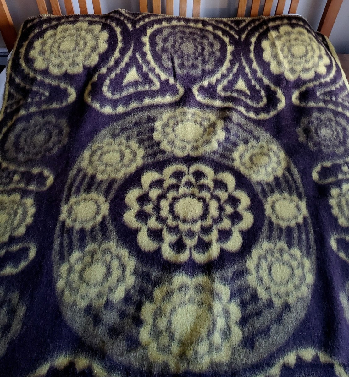 Vintage Thick Wool Blanket with Mod Floral Pattern - 78