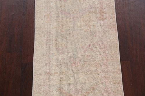 Muted Distressed Geometric Oushak Oriental Turkish Runner Rug Handmade Wool 2x13 - Picture 4 of 12