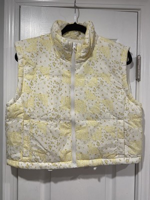 NWT Thread & Supply Size S Yellow Floral Patchwork Cropped Puff Vest Full Zip