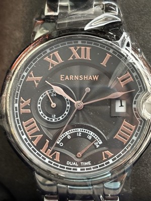 Earnshaw Dual Time Men's Watch Silver Stainless Steel Bracelet Black Dial Box