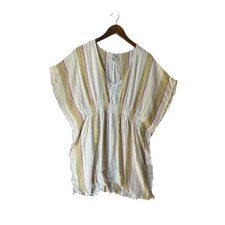 Becca Rayon Metallic Tunic Top Striped Boho Peasant Blouse White Multi M