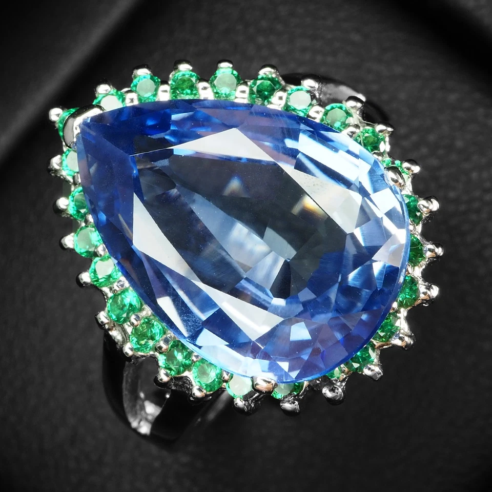 Кольцо из белого золота 925 пробы с заманчивым синим сапфиром и грушей 9,25 карата размер 5,75 - Изображение 2 из 4