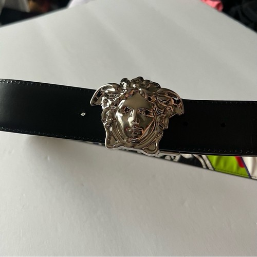 VERSACE MENS REVERSIBLE LEATHER BELT WITH SILVER MEDUSA BUCKLE BLACK/MULTI NWOT - Picture 3 of 15