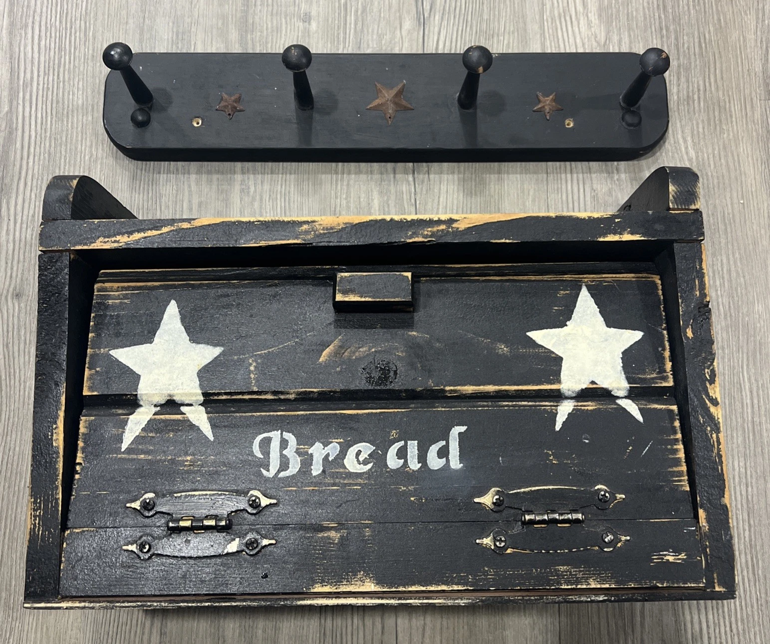 Vintage Rustic Bread Box and Coat Hanger Combo Stars Farmhouse Style Lot of 2PCS