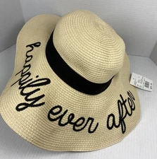 Mudpie | David’s Bridal NWT Straw Hat Wide Brim HAPPILY EVER AFTER Embroidery