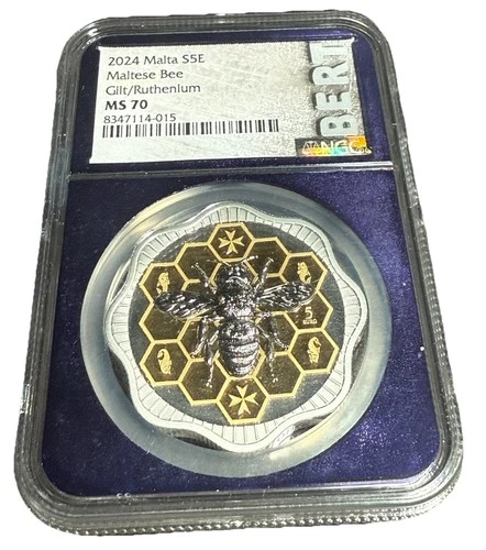 2024 MALTA 5 EURO FINE SILVER COIN MALTESE BEE RUTHENIUM GOLD GILDED NGC MS 70