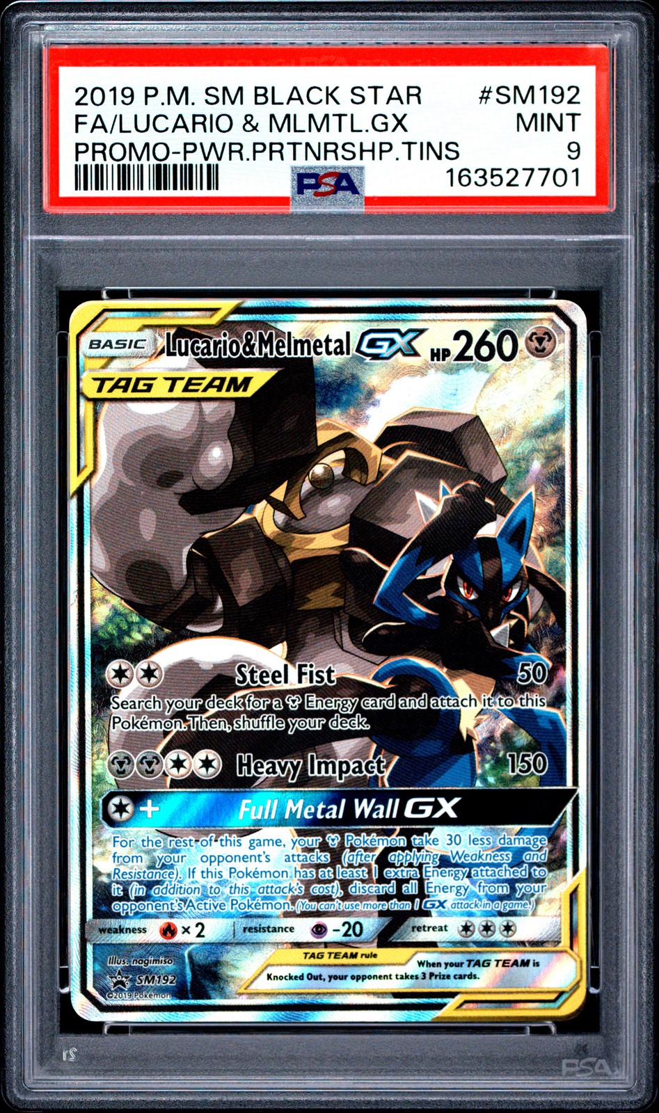 2019 POKEMON SM BLACK STAR PROMO #SM192 FULL ART/LUCARIO & MELMETAL GX PSA 9
