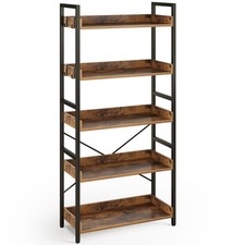 Rolanstar 5-Tier Bookshelf with 4 Hooks, Industrial Wood Bookcase, Vintage Stora