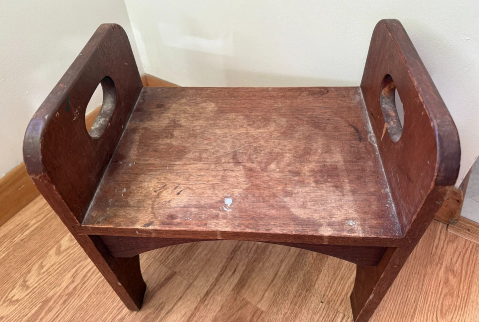 Rustic Primitive Wooden Stool Small Bench Handles - Image 2 of 4