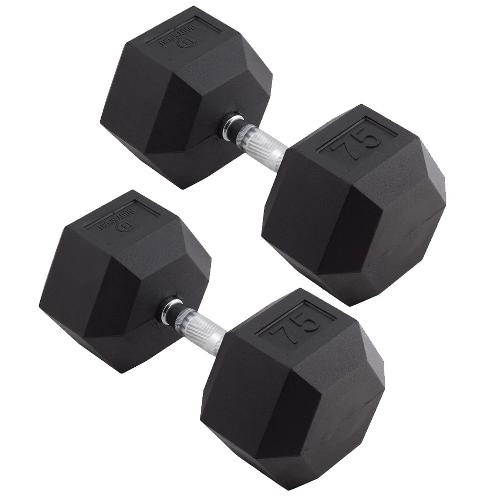 Body Sport Rubber Encased Hex Dumbbell Weight – Exercises – 75 lb Pair