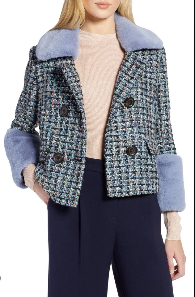 Abrigo blazer halógeno de tweed para mujer talla XS detalles de piel sintética multicolor Foto 2 de 4