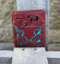 Embossed Praying Cowboy Design Brown Leather Bifold Wallet with Turquoise Inlay