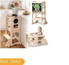 Woodure 4-in-1 Toddler Kitchen Step Stool, Foldable Learning Standing Tower with