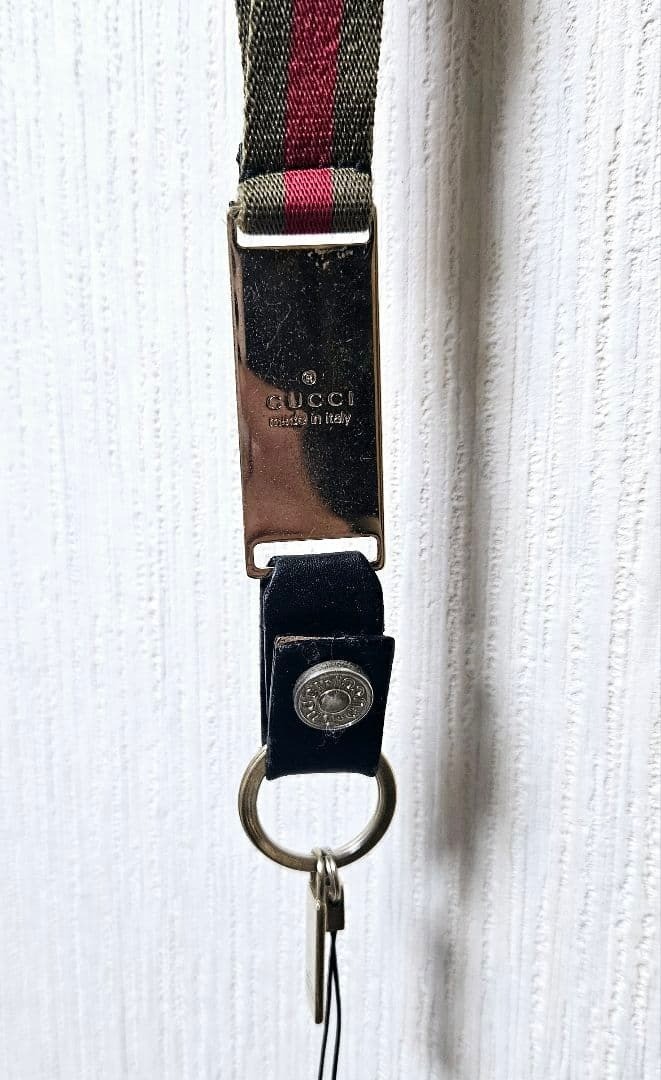 GUCCI Lanyard Neck Strap Canvas Leather Metal Green Red Web Stripe