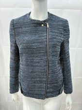 H&M Blue Tweed Bouclé Zip Jacket Cropped Blazer Size 10 (Faulty - See Desc)