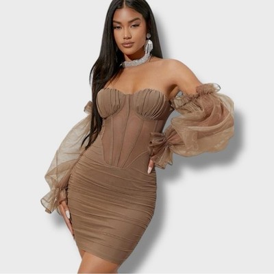 brown off the shoulder bodycon dress Bodycon Work Dress Women' Off Shoulder Long Sleeve Ruched Mini Brown Summer by Wolddress Date Night main image 0