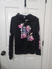 Vtg Y2K Lucky Brand Women's Full Zip Hoodie M Black Pink Cherry Blossoms Asian