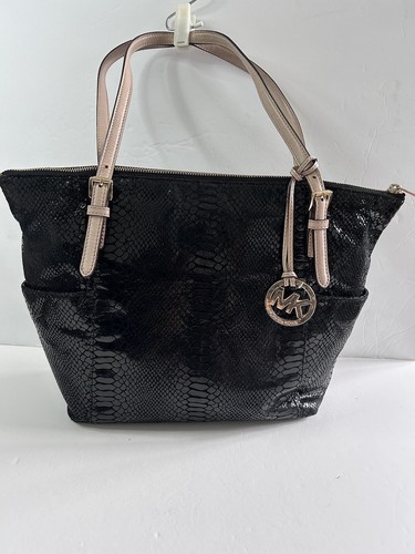 Michael Kors Shoulder Tote Bag Python Snake Embossed Zip Closure Black - 第 5/21 張圖片