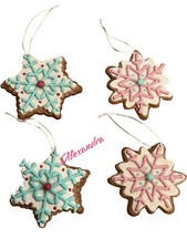 Pastel Pink Blue Snowflake Gingerbread Cookie Ornament Christmas Set Of 4 New