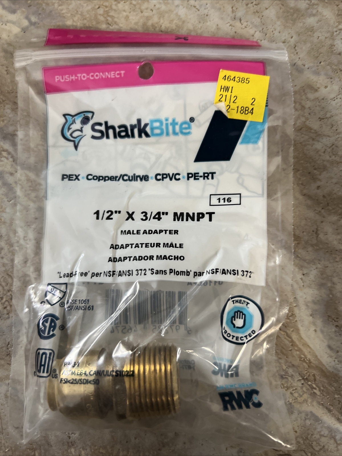 SHARKBITE  BRASS 1/2" X 3/4" MNPT, PUSH FIT, COPPER PEX CPVC PE-RT, MALE ADAPTER