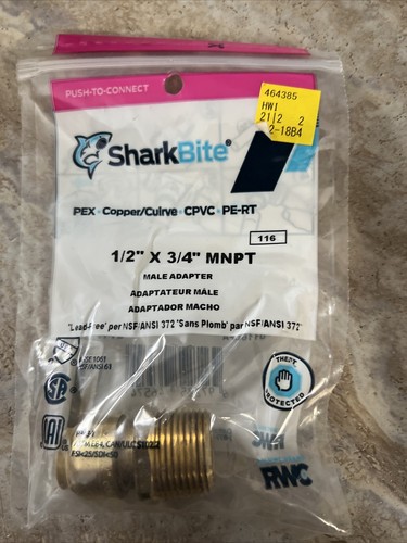SHARKBITE  BRASS 1/2" X 3/4" MNPT, PUSH FIT, COPPER PEX CPVC PE-RT, MALE ADAPTER