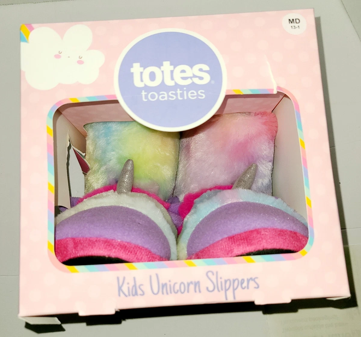 Totes Toasties Kids Unicorn Slippers Size Medium 13 1 Rainbow Faux Fur