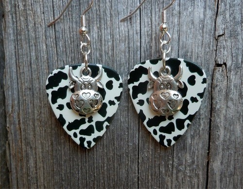 Cow with Heart Pattern Charm Guitar Picks Earrings - Pick Your Color - Picture 10 of 11