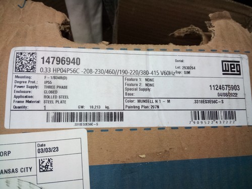WEG GP Motor:.3318ES3E56C-S Fan-Cooled, Face/Base Mount, 1/3 HP, 1,765 RPM - Picture 13 of 14