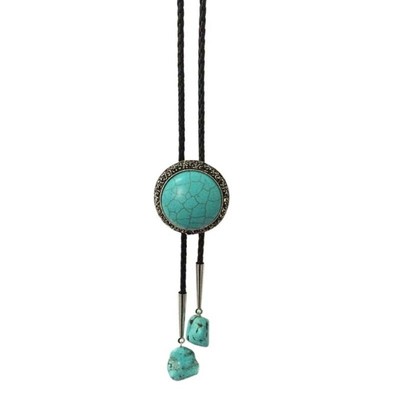 Mens American Bolo Tie Cowboy Leather Rope Turquoise Stone Necktie Necklace