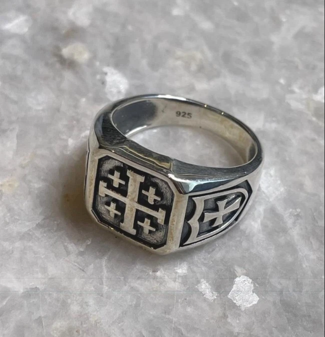Anel masculino artesão pedra preciosa turca prata maciça 925 cruz Jerusalém MR#580 - Imagem 2 de 4