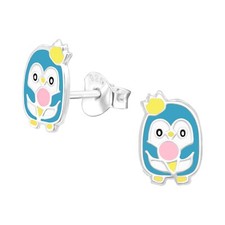 Blue Penguin Sterling Silver 925 Stud Earrings Girls, Women EpoxyJewelry. New