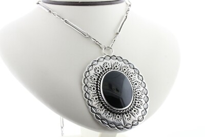 Southwestern Signed 'B.U. Cuida' Sterling Silver Large Onyx Stamped Necklace