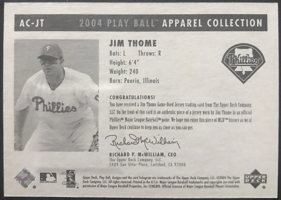 2004 Upper Deck Play Ball Apparel Collection Jim Thome #AC-JT HOF - Image 2 of 2