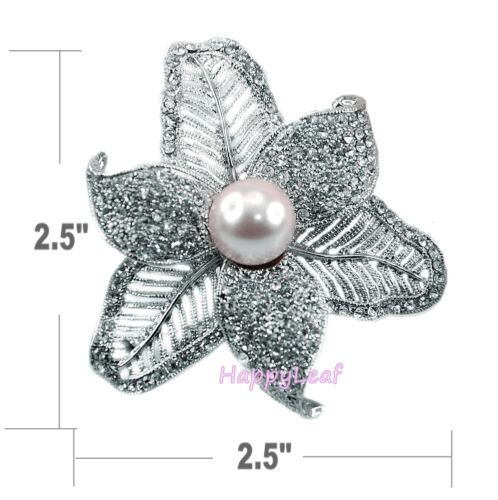 Large Pearl Brooch Pin with Russian CZ silver leaf flower Bridal Wedding Gift - Picture 2 of 9