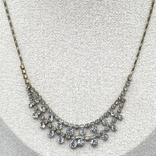 VTG Gold Tone Braided Chain Prong Rhinestone Double Swag Layered Bib Necklace