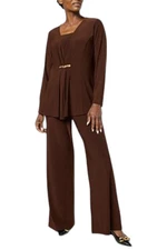 Antthony Women's 2pc Asymmetric Top & Pant Set with Gold Chain Brown