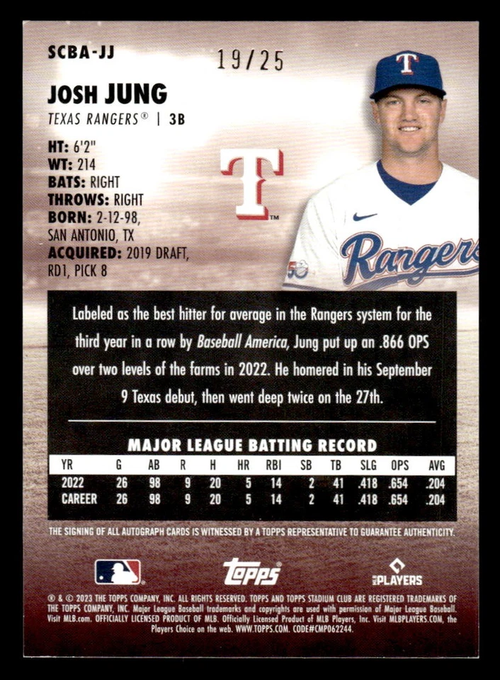 2023 Stadium Club #SCBA-JJ Josh Jung Autographs Black Foil #/25 - Image 2 of 2