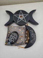 Wiccan   Set Of 3- Triple Goddess Candle Holder - Onyx Palmstone - Onyx Crescent