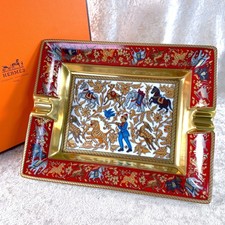 Hermes Paris Porzellan Aschenbecher Chasse en Inde Indien Goldfarbe innen mit Box