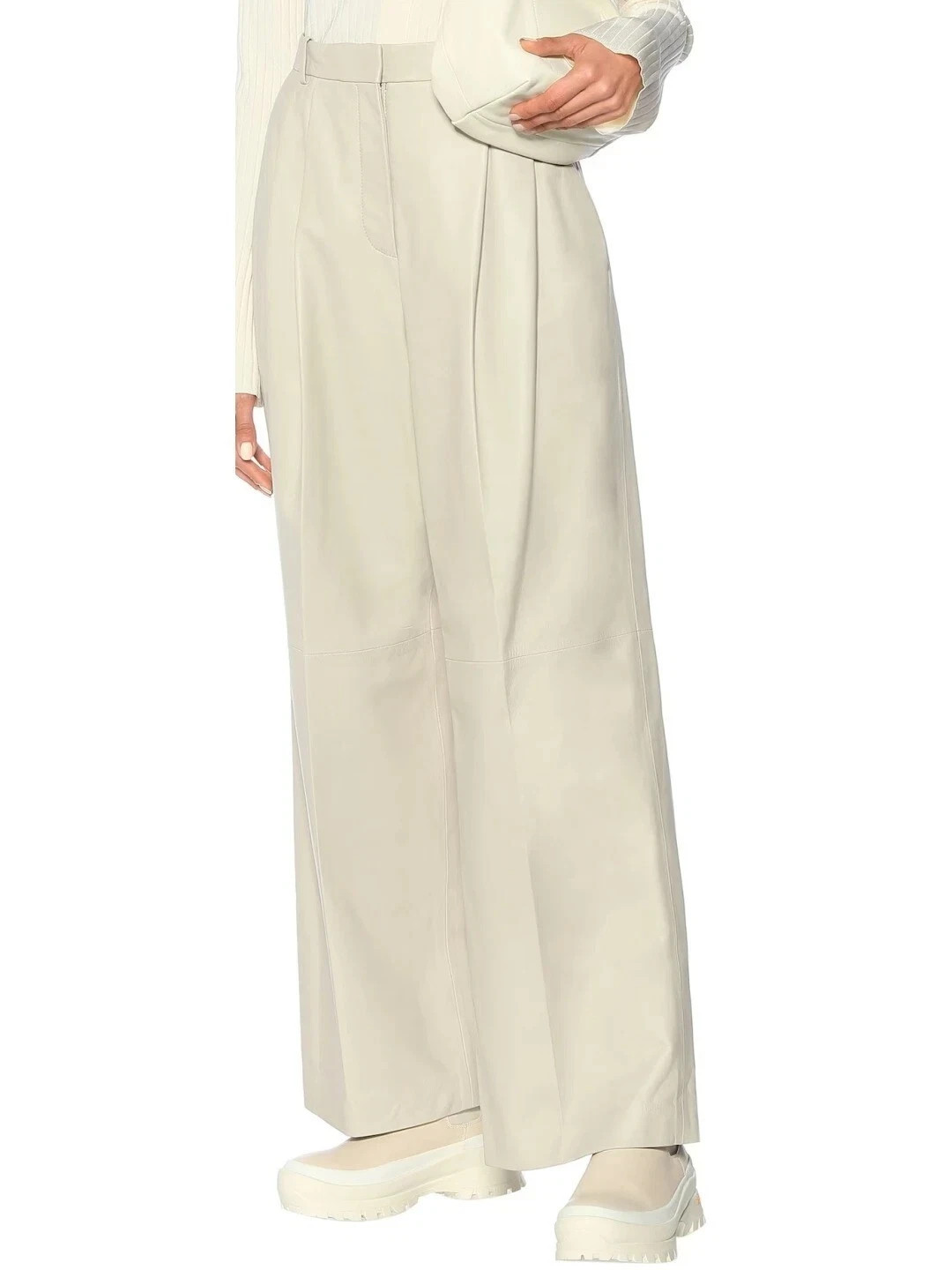 Women's Real Leather Pants Pant Slim Size High Waist Trousers Jeans White
