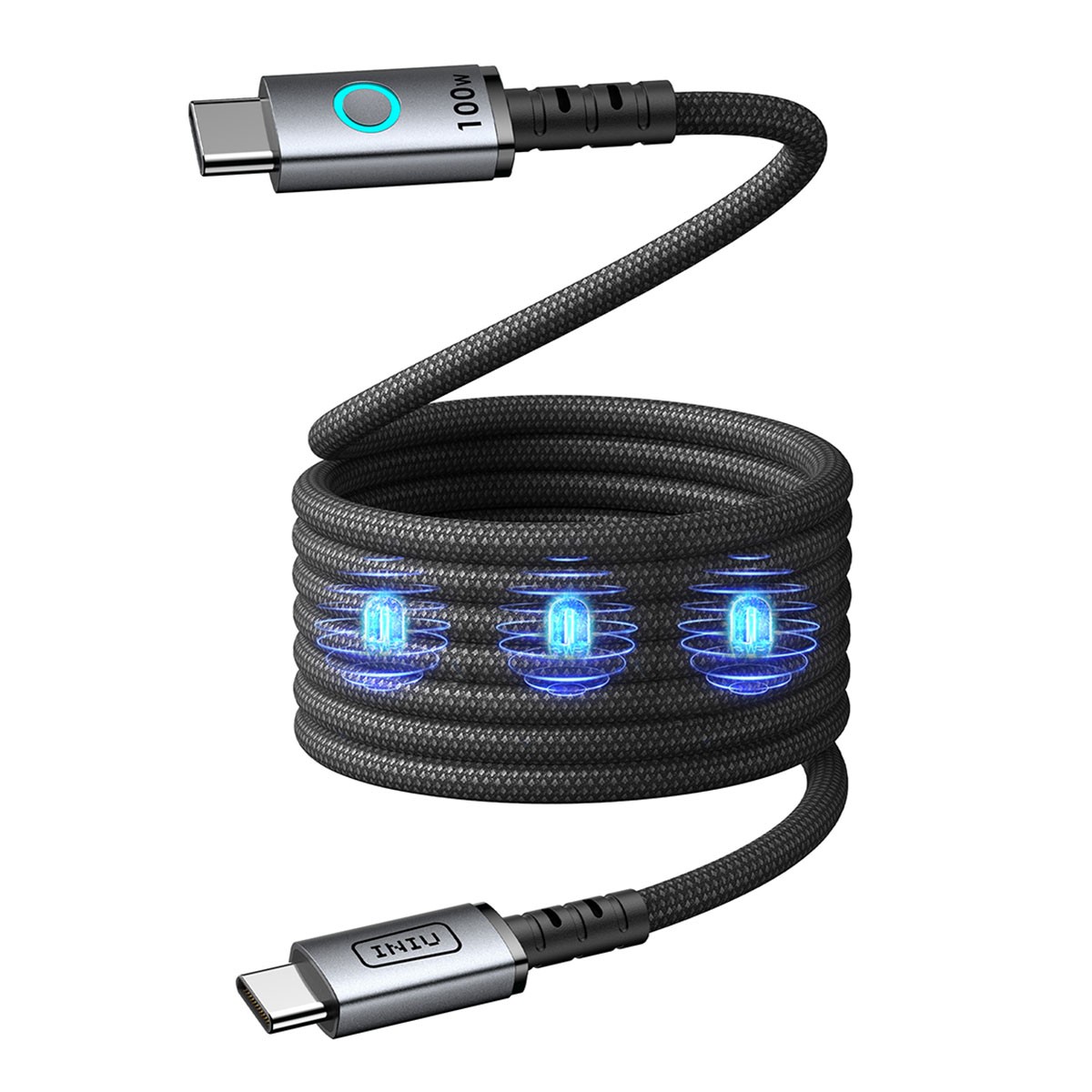 Câble de charge 100W USB-C magnétique Iniu de 1,2m pour une recharge ultra rapide de 5A