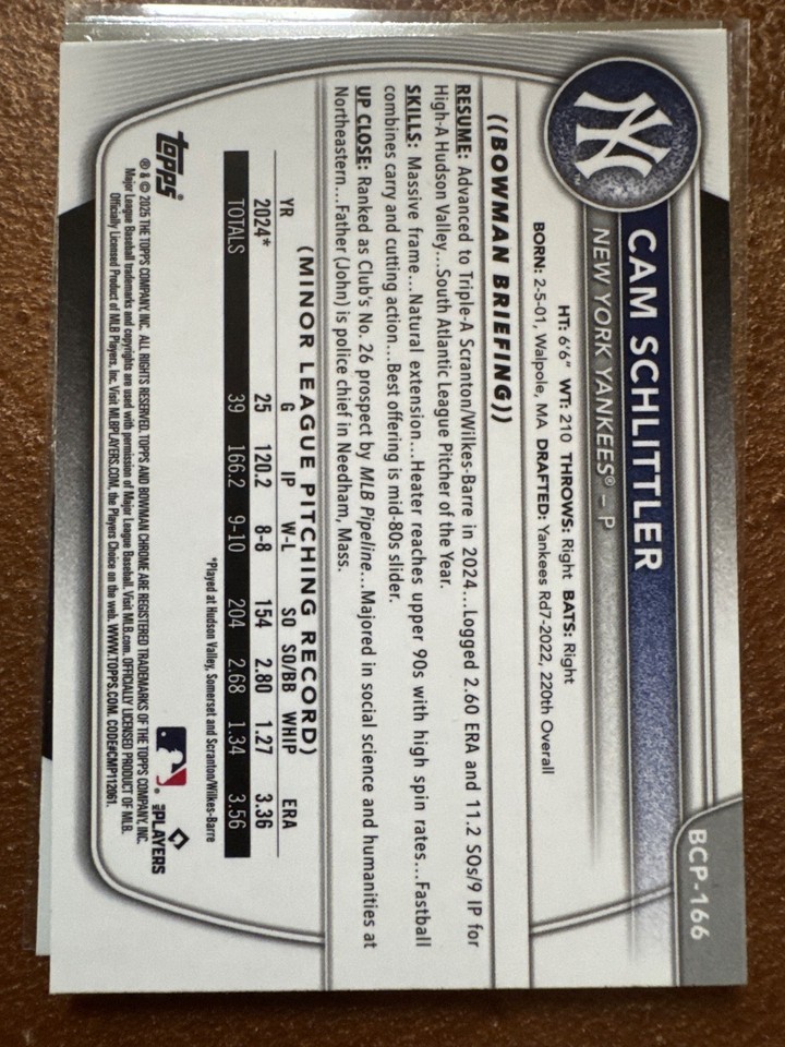 Cam Schlttler 2025 Bowman 1st Chrome #BCP-166 NY Yankees Rooke Card