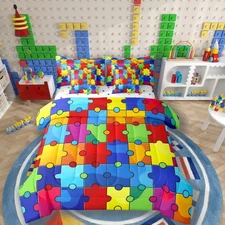 Jigsaw Puzzle 7 Piece Comforter Set Full Bed in a Bag,3D Building Blocks Bedd...