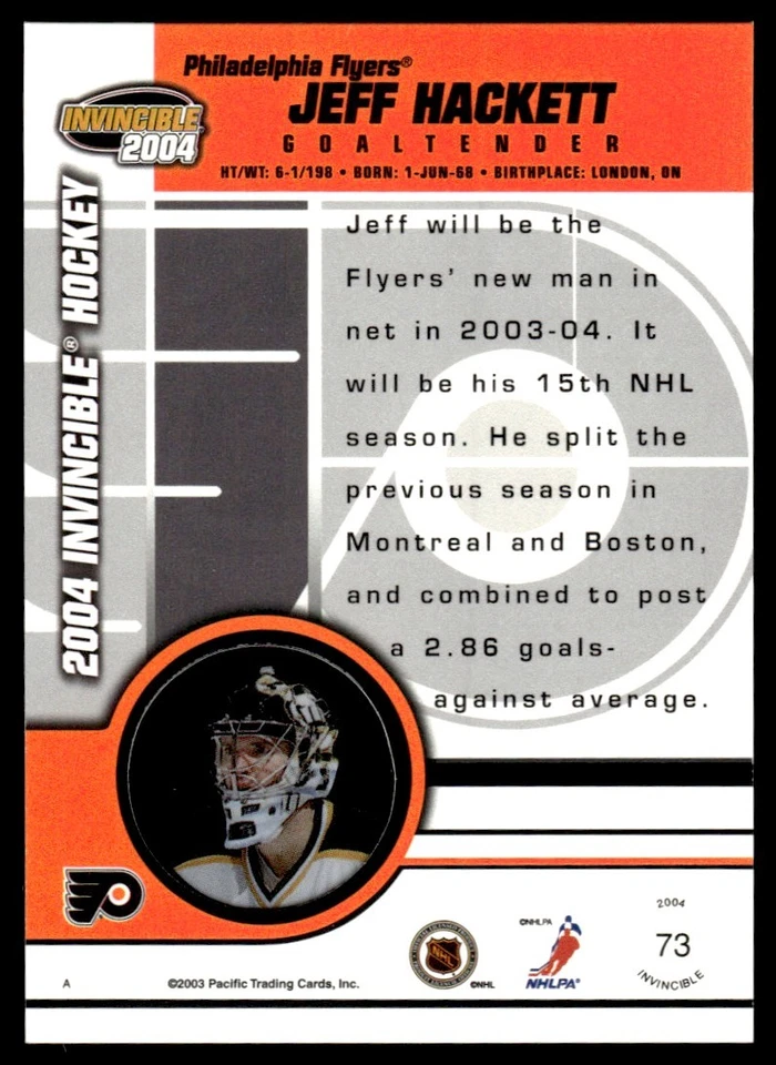 2003-04 Pacific Invincible Jeff Hackett Philadelphia Flyers #73 . - Image 2 of 2