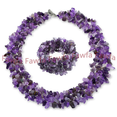 4 Rows Natural Amethyst Gravel Chip Gems beads Necklace Bracelet Jewelry Set