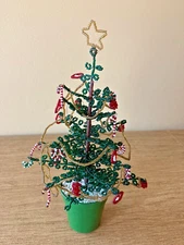 Vintage 1970s Handmade Green Seed Beaded Christmas Tree W/ Ornaments & Star