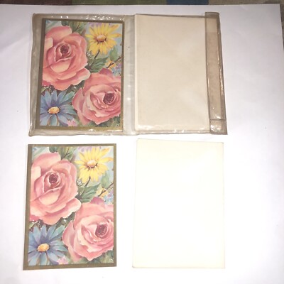8 Note Cards Floral Folded Blank Inside Flower Vintage Gold Trim - MUST SEE